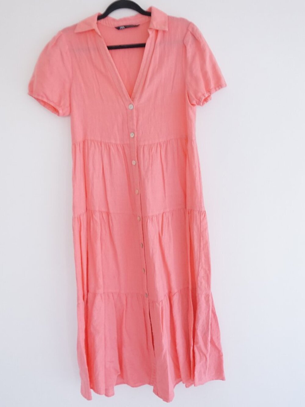 Zara Coral Solid Button Front Tiered Midi Dress Short Sleeve Collar Cottage S